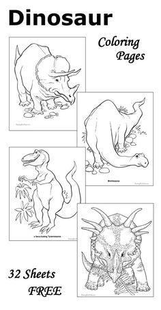 the dinosaur coloring pages are shown in black and white, with three different dinosaurs on each page