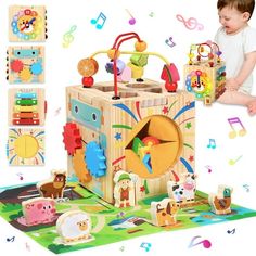 a baby is playing with wooden toys on the floor and in front of it are musical notes