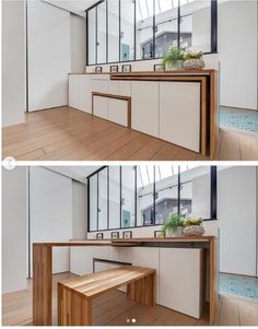 two pictures of a kitchen with wooden floors and white cabinets, one showing the countertop