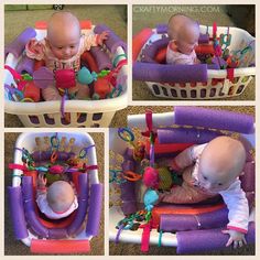 four pictures of a baby playing in a basket