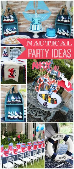 an outdoor party with blue and red decorations, plates, napkins and cups on the table