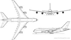 an airplane is shown in three different views