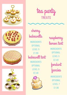 a recipe for tea party treats on a pink and white background