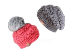 two knitted hats with pom - poms are shown on a white background