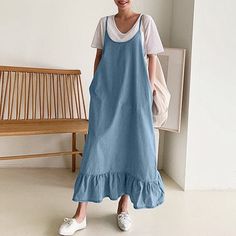 Arie Vintage Ruffled Sundress Buddhatrends Blue Ruffle Dress, Moda Denim, Denim Maxi Dress, Summer Sundress, Mode Jeans, Hem Design, Blouse Material, Long Summer Dresses, Plus Size Kleidung