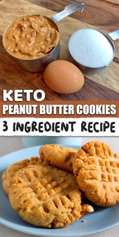 keto peanut butter cookies on a blue plate with ingredients to make them look like waffles