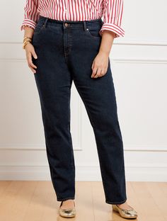 Our flattering '90s-inspired straight leg silhouette. Higher waist for a modern fit. Crafted with Five-Pocket styling and a hint of stretch. Features Straight Leg Hits High Waist Full Length Fly front with button closure Five pocket Imported Fit: Misses: 30 1/2"; Petites: 28 1/2"; Plus: 30 1/2"; Plus Petite: 28 1/2" Material: 99% Cotton 1% Lycra® Spandex Care: Wash Before Wearing, Turn Garment Inside Out, Machine Wash Cold With Like Colors, Only Non-Chlorine Bleach When Needed; Tumble Dry Low, Warm Iron If Needed | High Waist Relaxed Jeans - Michele Wash Talbots Relaxed Jeans, 90s Inspired, Modern Fit, Modern Classic, Inside Out, Full Length, High Waist, Straight Leg, High Waisted