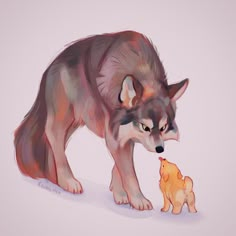 a painting of a wolf and its cub