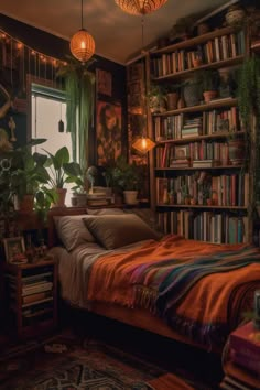 a bedroom with a bed, bookshelf and plants