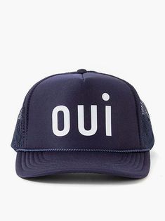 Amy Says… Yes! A fun, vintage-inspired piece from the accessories specialists at Clare V., this mesh snap-back hat is cut in a classic shade of navy. This nylon and mesh trucker hat is the perfect unisex accessory. Featuring a flat bill and long front panel, the hat is printed with the word "oui" in cream. Trucker hat Snap-back closure One size fits most Made in LA Fabric: Neoprene / mesh Adjustable 'Oui' lettering at front Shell: 100% polyester Shell: 100% nylon Unisex style Clare V, Clare V., Unisex Accessories, Snap Backs, Hat Making, Navy Women, Unisex Fashion, Women's Accessories, Trucker Hat