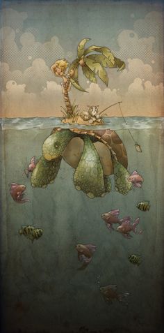 an image of a cartoon character floating in the water with fish and palm tree on top