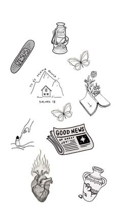 an image of various things that are drawn in black and white