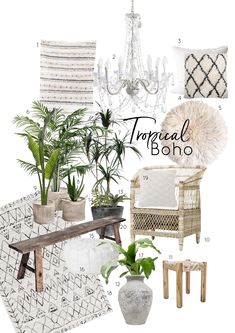 the interior design board for a tropical boho home decorating project with white and black accents