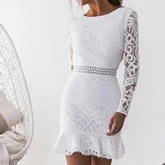 White Lace Dress - M Backless Lace Dress, High Waist Dress, Body Con Dress, Cocktail Party Dress, Short Mini Dress, Hip Dress, Lace White Dress, Knee Length Dresses, Long Sleeve Mini Dress