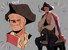 a drawing of a man sitting in a chair with a pirate hat on