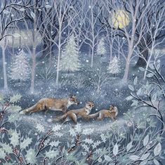 a painting of two foxes in the woods at night with trees and snow on the ground