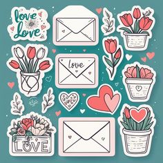 stickers with flowers, hearts and envelopes for valentine's day on a blue background