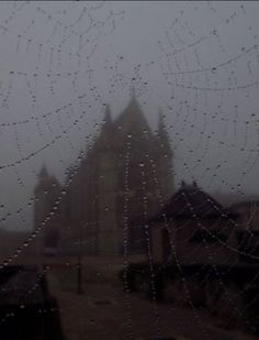 raindrops on the glass of a window with an old building in the background