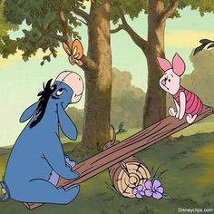 an elephant and piggie playing on a log in the woods with butterflies flying over them