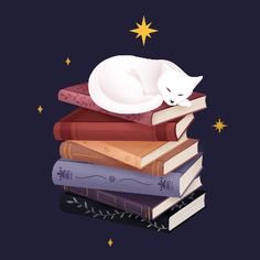 a white cat sleeping on top of a stack of books with stars in the background