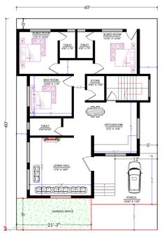 the floor plan for a two bedroom house with an attached kitchen and living room area