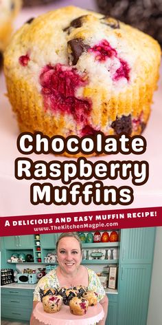 chocolate raspberry muffins recipe book cover with woman holding a cake in front of it