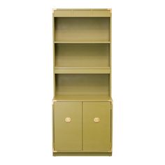 a green bookcase with two doors and drawers