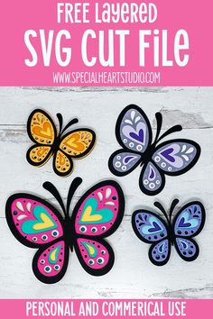 the free svg cut file for personal and commercial use is shown with four colorful butterflies