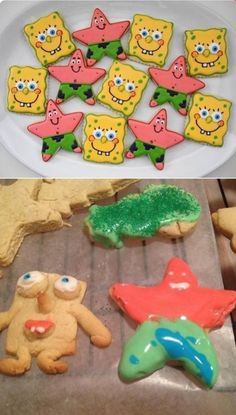 spongebob cookies are on a plate and in the process of decorating them