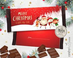 merry christmas chocolate bar wrapper with santa and elves