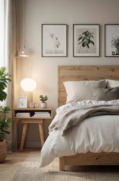 a bed sitting in a bedroom next to a window with pictures on the wall above it