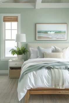 31 Sage Green Bedroom Ideas Green White Room Ideas, Green Modern Bedroom Ideas, Calm Blue Green Bedroom, Soothing Master Suite, Light Green Coastal Bedroom, Green Bedroom White Bed, Natural And Green Bedroom, Light Sage Green Bedroom Walls, Light Sage Bedroom Ideas