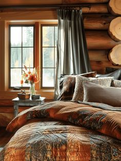 a bed in a bedroom next to a window with wooden logs on the walls and floor