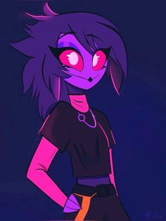 a drawing of a girl with purple hair and red eyes, wearing black shorts and a t - shirt