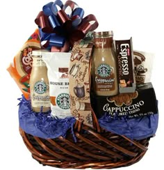 a basket filled with coffee and snacks