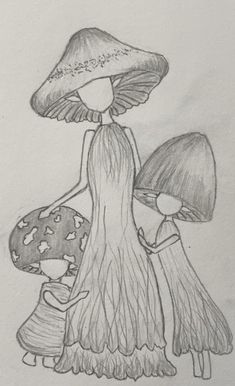 a drawing of two people with mushrooms on their heads, one holding the other's hand