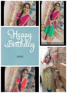 a collage of photos with the words happy birthday jani on it, and an image of a woman standing in front of a mirror