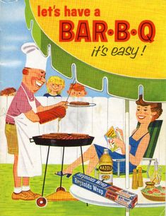 an old advertisement for bar - b - q with two people cooking on the grill