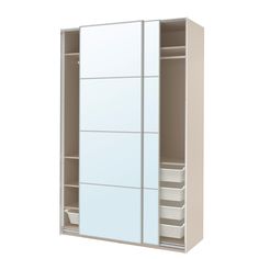 a white cabinet with drawers and shelves on it's sides, against a white background