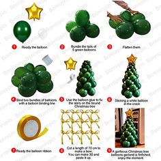 the instructions for balloon trees are shown in green and gold colors, with stars on them