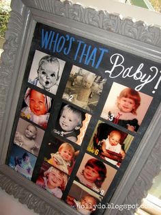 a baby's photo hanging on the side of a wall with pictures in it