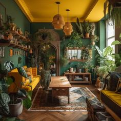 a living room filled with lots of plants and furniture