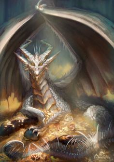 a painting of a dragon sitting on the ground with its wings spread out and eyes open