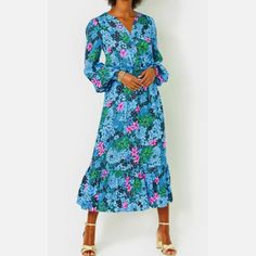 Nwt Lilly Pulitzer Loubella Smocked Midi Dress In Multi Soiree All Day, Size 10 Easy Fit Midi Dress With A Button Front Placket, Smocked Waistband, And Long Sleeves With Tall Smocked Cuffs. 52" From Top Of Shoulder To Hem, From Armpit To Armpit 19" Skims The Body. Roomier Fit. Viscose Satin (100% Rayon). Dry Clean. Blue Smocked Dress For Garden Party, Blue Vacation Dress With Smocked Cuffs, Blue Vacation Dresses With Smocked Cuffs, Blue Beach Dresses With Smocked Cuffs, Blue Dresses With Smocked Cuffs For The Beach, Spring Blue Midi Dress With Smocked Cuffs, Blue Midi Dress With Smocked Cuffs, Blue Dress With Smocked Cuffs For Brunch, Blue Dress With Smocked Cuffs For Garden Party