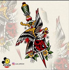 an artistic tattoo design on the back of a white sheet with red, yellow and green designs