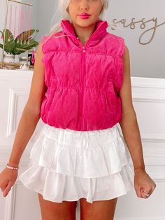 This is Hot Pink Corduroy Vest | sassyshortcake.com | Sassy Shortcake Pink Corduroy Outerwear With Pockets, Pink Sleeveless Vest With Pockets, Pink Vest Outerwear For Spring, Fitted Pink Vest Outerwear, Casual Pink Sleeveless Outerwear, Pink Cotton Vest For Fall, Pink Sleeveless Cotton Outerwear, Trendy Pink Cotton Vest, Casual Pink Vest Outerwear