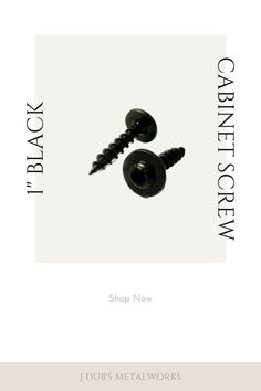 two black screws sitting next to each other on top of a white sheet with the words, cabinet screw shop now