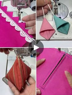 four pictures showing how to sew an origami purse with scissors and sewing machine