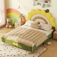 Aukfa AK-FUB1-050 full size upholstered platform bed with Sunflower shaped headboard provides you with a soft backrest that is both cute and practical. It will bring a lovely romantic atmosphere to your room. Made of solid pine wood and MDF, this cute cartoon bed sturdy solid wood construction is durable and load-bearing to ensure a long life. Noiseless wooden slats complement the support beams to provide secure support and extend the life of the mattress. If you are looking for a cute and funny Kids Platform Bed, Bedroom Brown, Shaped Headboard, Bed Platform, Kids Bed, Green Bedding, Leather Bed, Upholstered Bed Frame, Teen Bedding