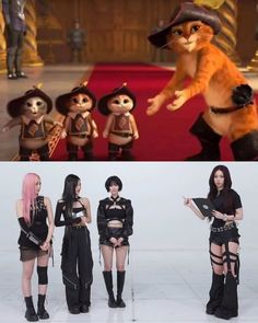 three different pictures of cats and women in costumes, one is wearing an orange cat costume